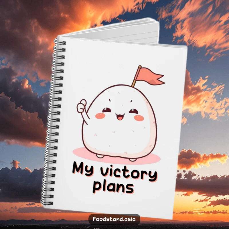 Funny Onigiri Flag Notebook with a giggling rice ball character waving a small flag, ideal for notes and sketches.