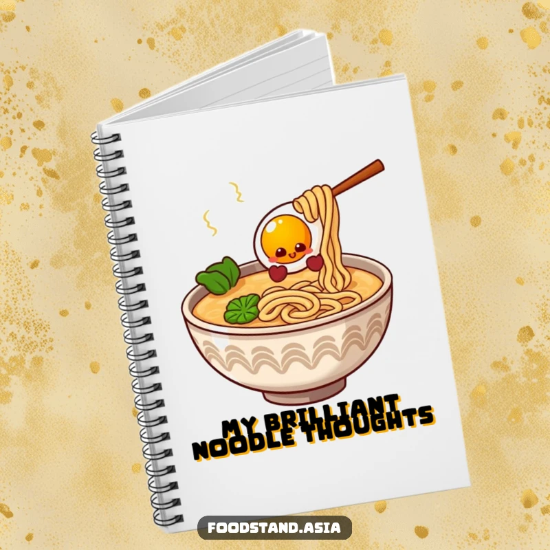 Funny Ramen Bowl Notebook with giggling noodles and a bouncy egg, perfect for notes and foodie journaling.