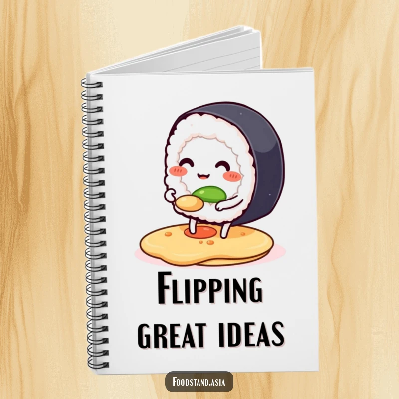 Funny notebook featuring a smiling sushi roll with legs flipping a pancake, ideal for jotting notes with a humorous food theme.