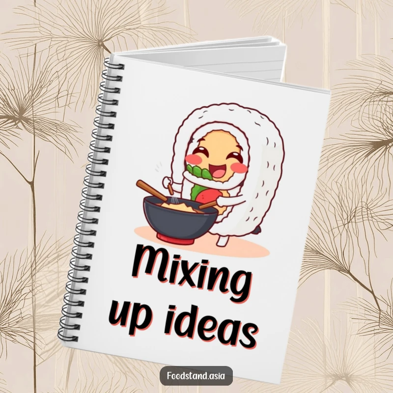 Funny Notebook: A cheerful sushi roll character happily stirs a wok, making this notebook a humorous place for recipes.