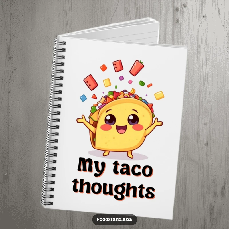 Funny cheerful taco with wide eyes, enthusiastically juggling colorful toppings, a humorous and practical notebook.