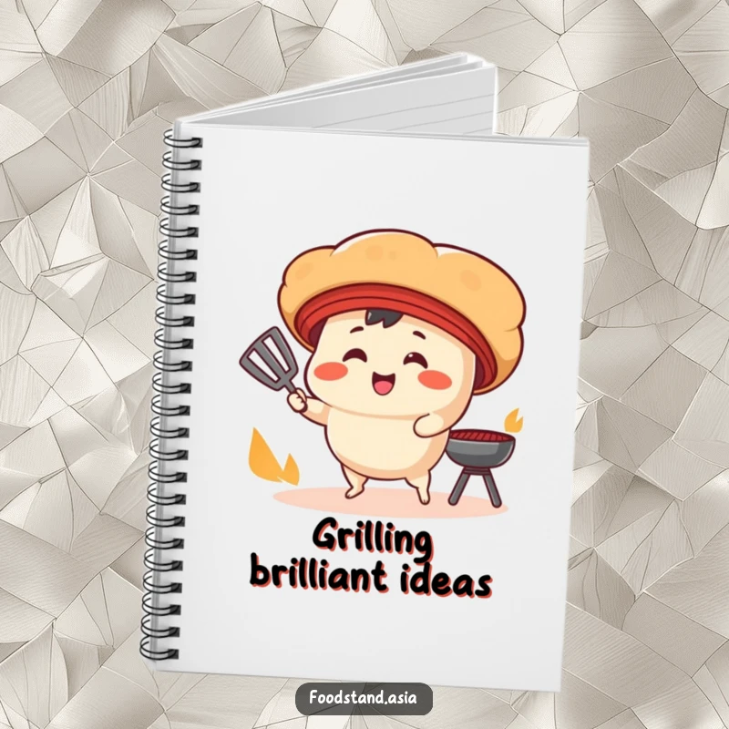 Funny Notebook: A smiling bao bun character with tiny legs fans a cooking grill, making this notebook a humorous place for recipes.