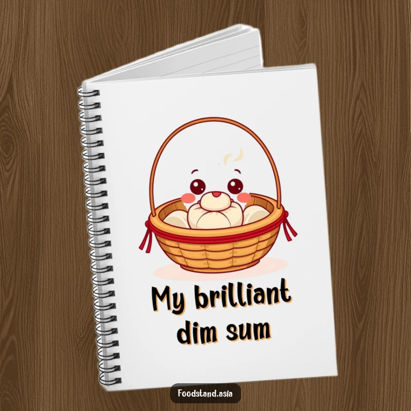 Funny Dim Sum Basket Notebook, a beaming character with cheerful eyes offering a tiny steaming bun, perfect for notes and journaling.