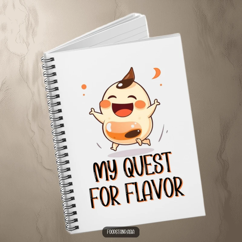 Funny Dumpling Chase Notebook with a laughing dumpling on small feet playfully chasing a soy sauce bottle, perfect for notes and ideas, a fun funny gift.