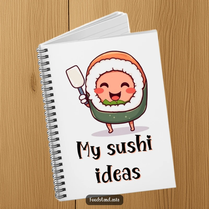 Funny smiling sushi roll with tiny legs, happily wielding a miniature spatula, a humorous and practical notebook.