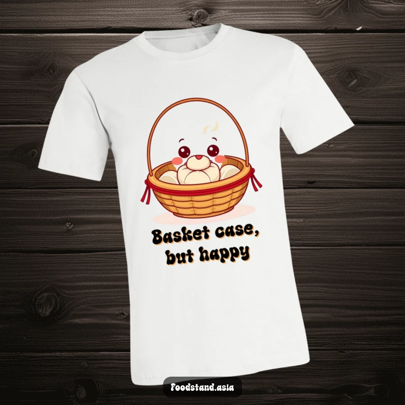 Funny Dim Sum Basket T-Shirt with cheerful eyes presenting a steaming bun, a humorous and cute graphic tee for food enthusiasts.