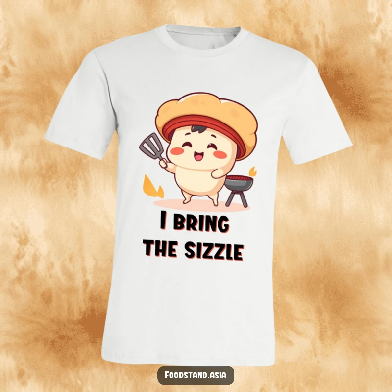 Funny T-Shirt: A smiling bao bun with tiny legs fans a cooking grill, a humorous and mouth-watering design.
