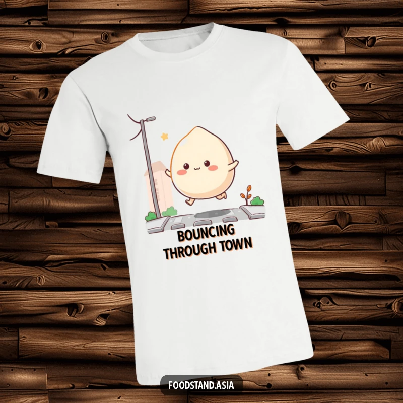 Funny Bouncing Mochi T-Shirt with a mochi character complete with tiny appendages, joyfully hopping along a street, perfect for showing off playful energy, a great funny gift.