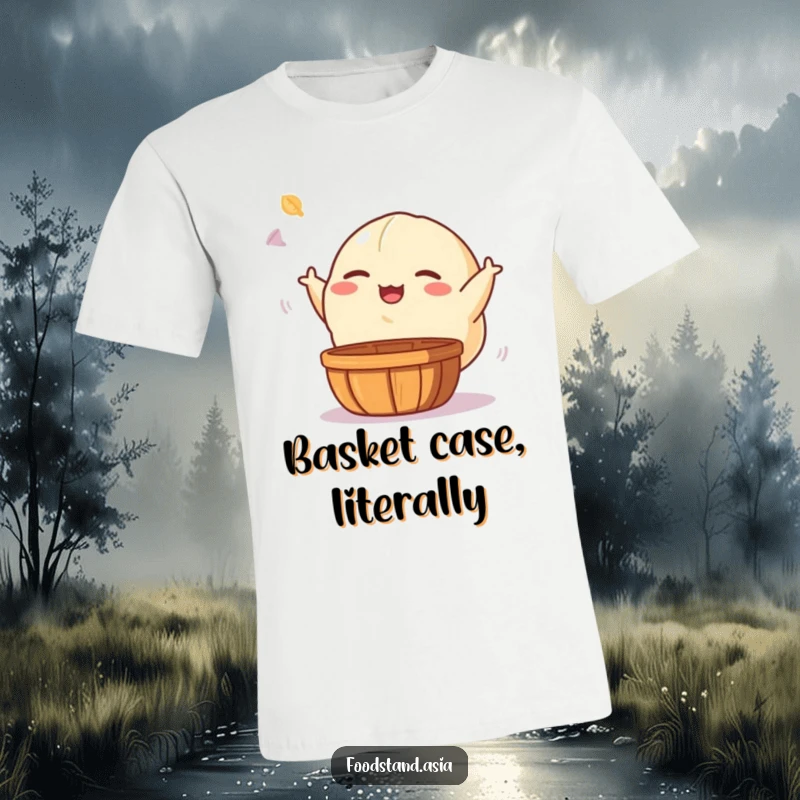 Funny t-shirt with a giggling dumpling character, arms outstretched, playfully tossing a dim sum basket, exuding playful foodie energy.