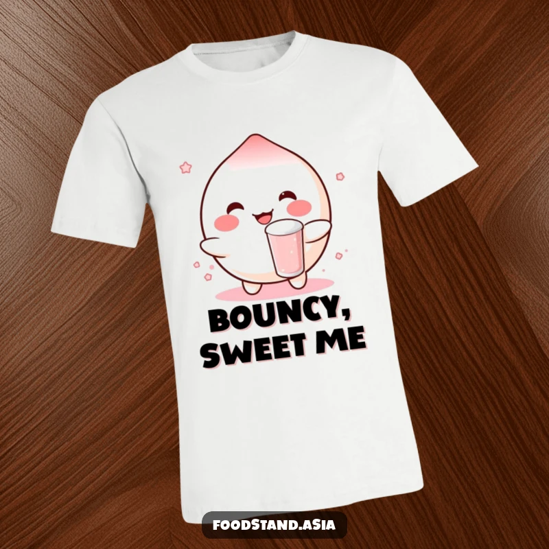 Funny t-shirt featuring a happy mochi character with rosy cheeks, cheerfully bouncing a small boba drink, radiating playful charm.