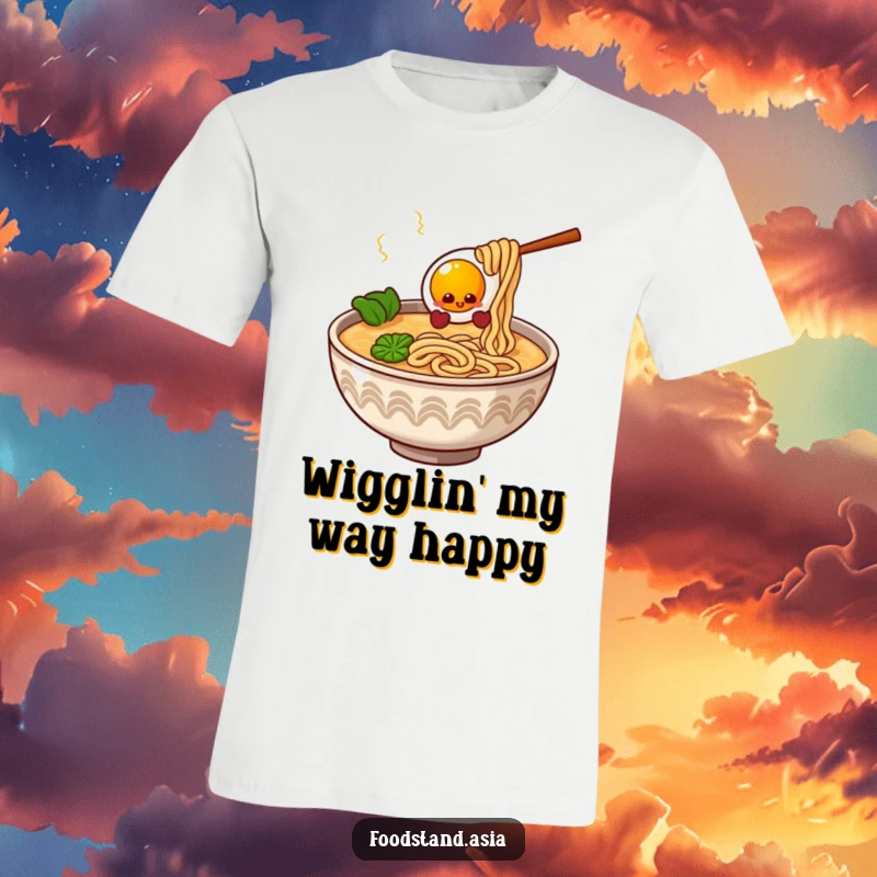 Funny Ramen Bowl T-Shirt with giggling noodles and a bouncy egg, a humorous and tasty graphic tee for foodies.