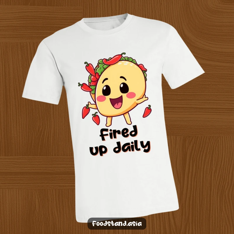 Funny t-shirt showing a happy taco character with a wide grin, juggling small chili peppers, radiating playful energy.