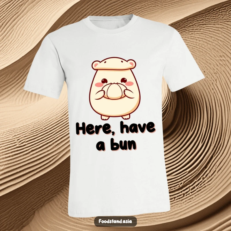 Funny t-shirt with a cheerful bao bun character, presenting a small steamed bun with its tiny hands.