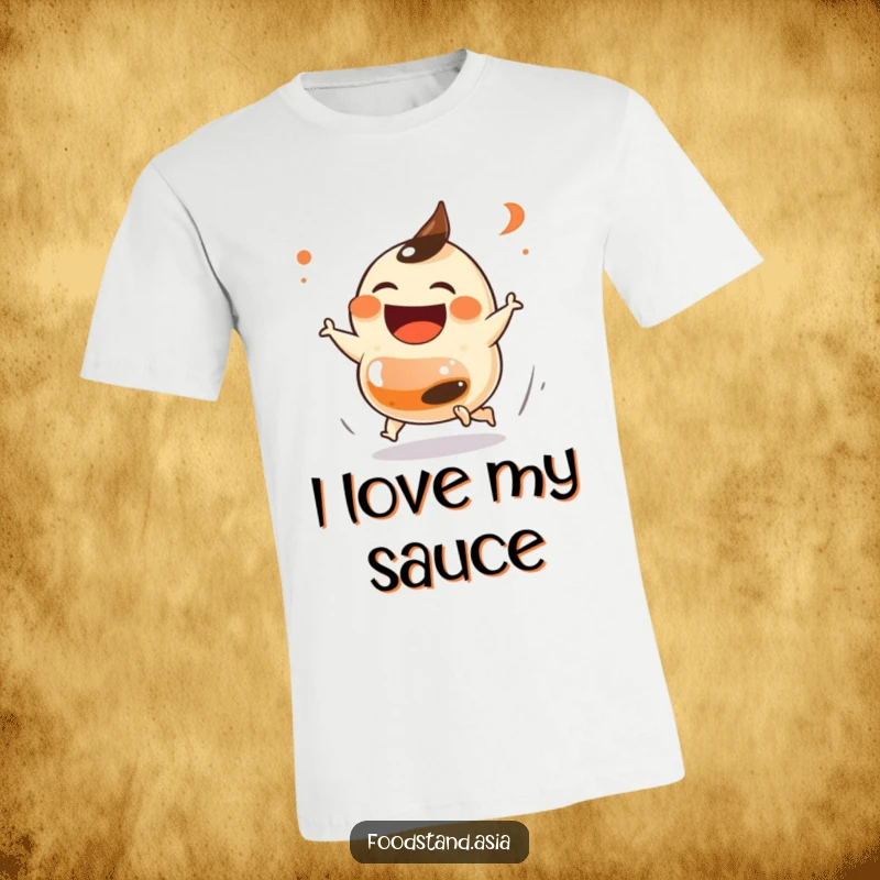 Funny Dumpling Chase T-Shirt showing a laughing dumpling with tiny feet in pursuit of a soy sauce bottle, capturing a moment of playful mischief, a perfect gift.
