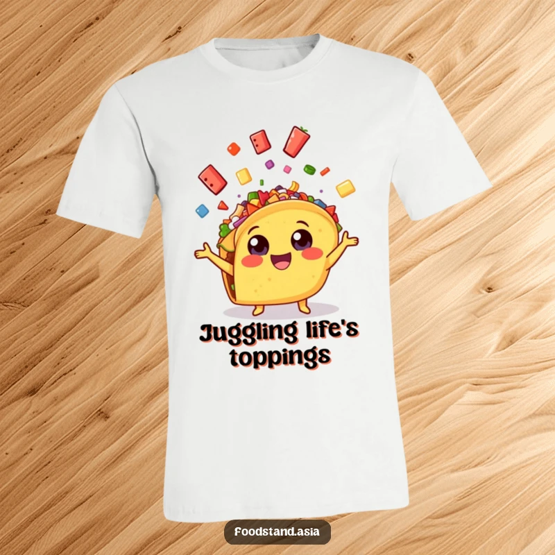 Funny cheerful taco with wide eyes, enthusiastically juggling colorful toppings, a humorous and comfortable t-shirt.