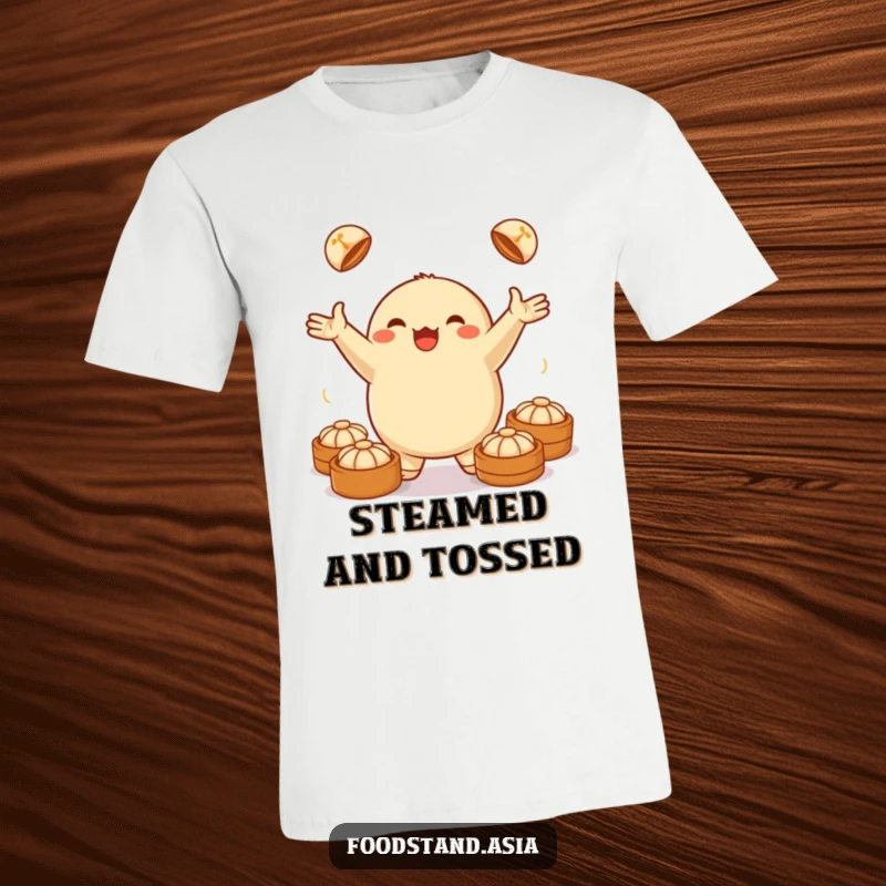 Funny t-shirt with a jubilant anthropomorphic dumpling happily juggling small steamed buns, showcasing a humorous food theme.