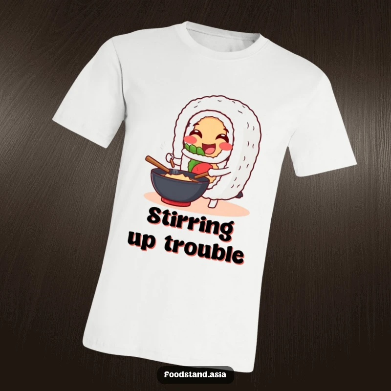 Funny T-Shirt: A cheerful sushi roll character happily stirs a wok, a humorous and tasty design for food lovers.