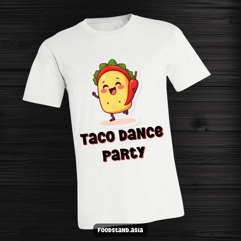 Funny t-shirt with a cheerful anthropomorphic taco happily dancing with a chili pepper, showcasing a humorous fiesta theme.