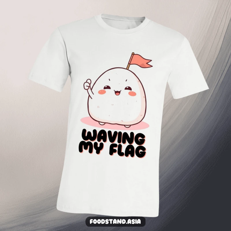 Funny Onigiri T-Shirt depicts a giggling rice ball with joyfully waving arms and a small flag, radiating happiness.