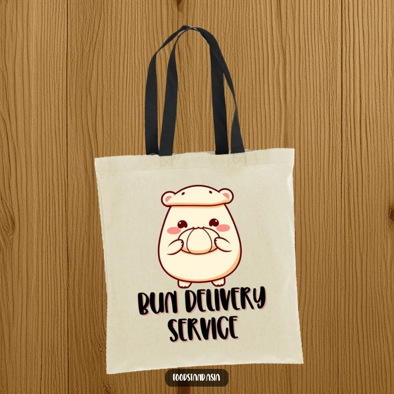 Funny tote bag featuring a delighted bao bun character extending its tiny hands to offer a steamed bun.