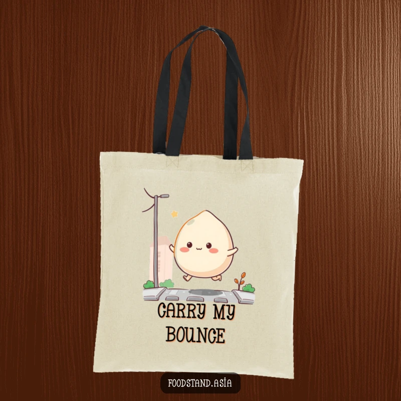 Funny Bouncing Mochi Tote Bag with a cheerful mochi with tiny appendages hopping on a street, perfect for everyday use and a cute funny gift.