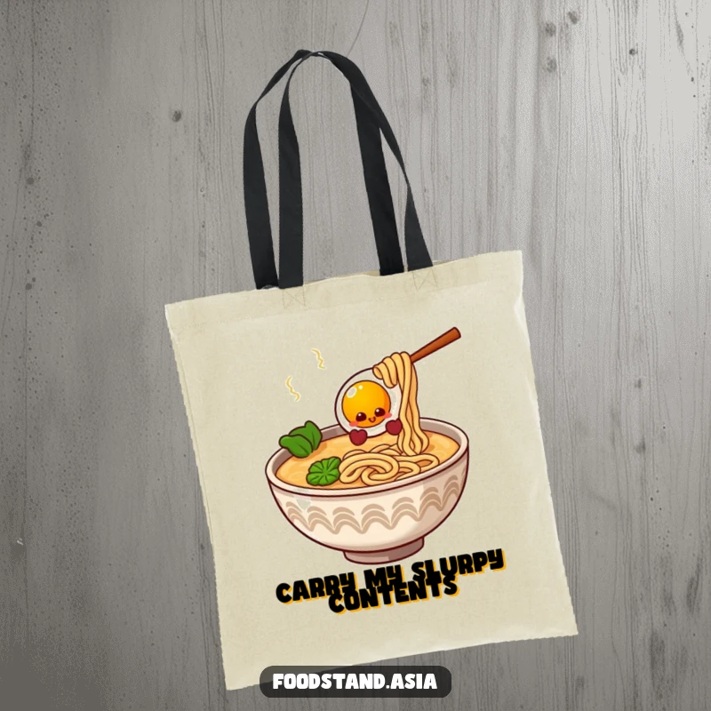 Funny Ramen Bowl Tote Bag with giggling noodles and a bouncy egg, a humorous and practical accessory for shoppers.