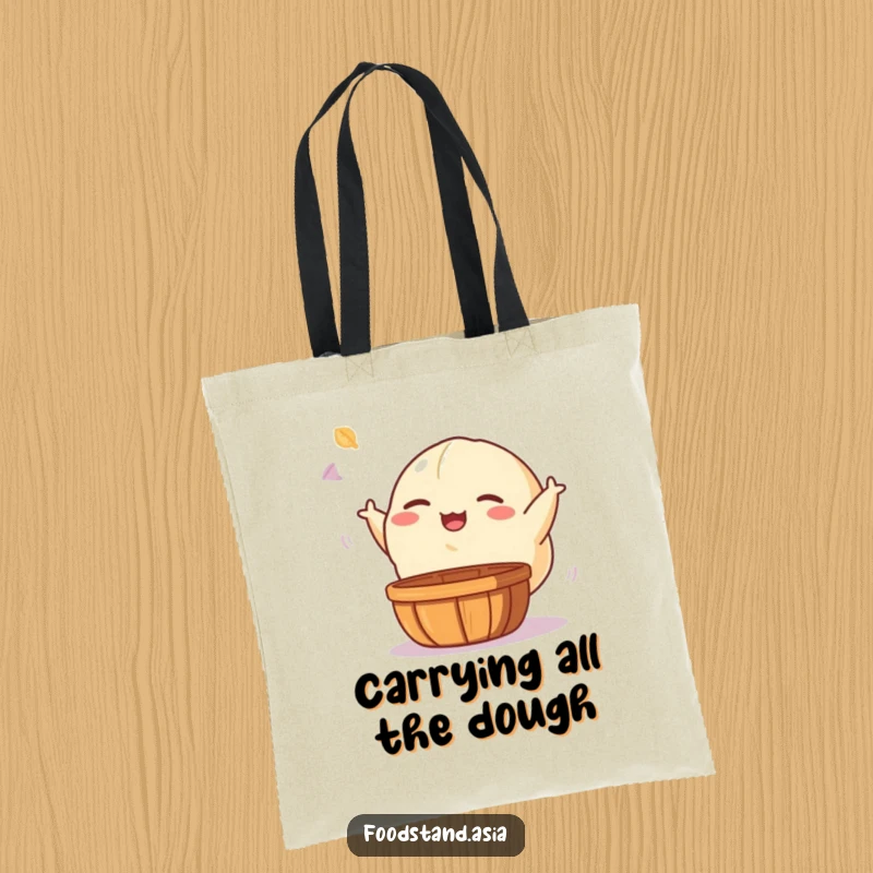 Funny tote bag featuring a giggling dumpling character playfully tossing a dim sum basket, perfect for shopping with a touch of humor.