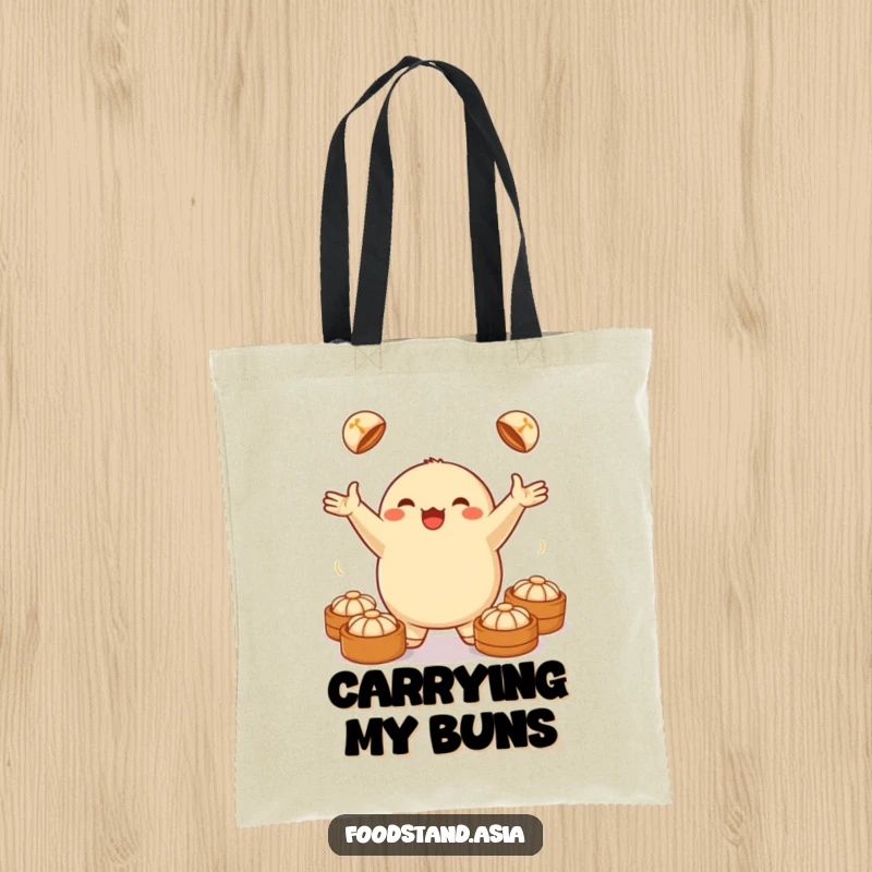 Funny tote bag featuring a jubilant anthropomorphic dumpling juggling small steamed buns, ideal for carrying items.