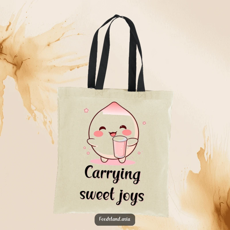 Funny tote bag with a rosy-cheeked mochi character cheerfully bouncing a small boba drink, ideal for shopping with a sweet touch.