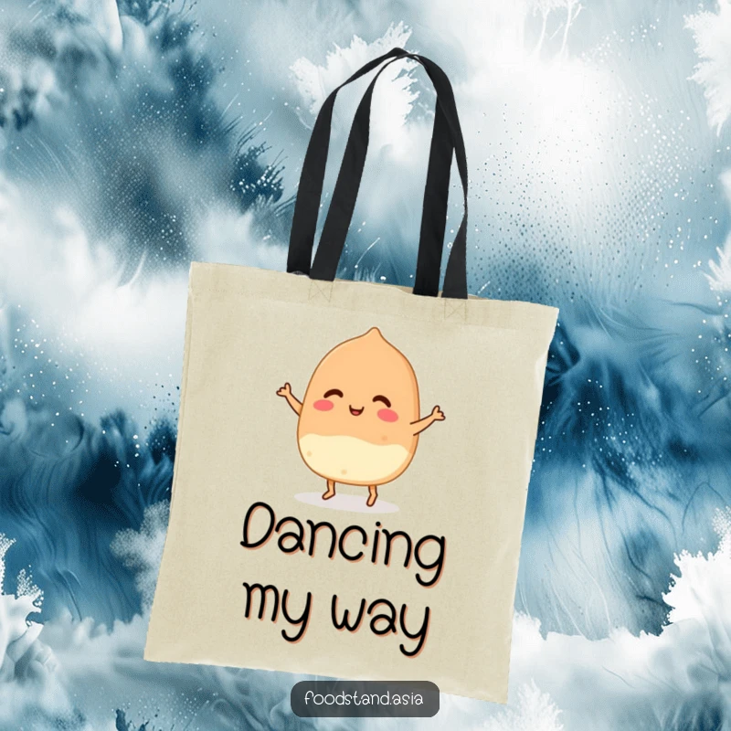 Funny Takoyaki Dance Tote Bag showing a smiling Japanese delicacy with small feet grooving, ideal for stylish, fun errands.