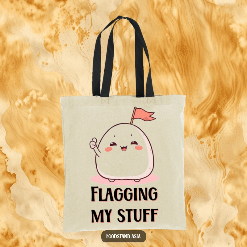 Funny Onigiri Flag Tote Bag featuring a giggling rice ball with arms waving a small flag, great for shopping and daily use.