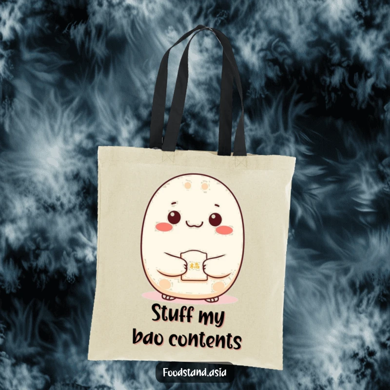 Funny Bao Tote Bag with dots for eyes presenting a fortune cookie, a humorous and practical accessory.
