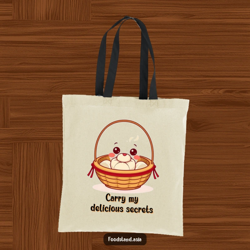 Funny Dim Sum Basket Tote Bag with cheerful eyes holding a steaming bun, a practical and humorous accessory for shoppers.