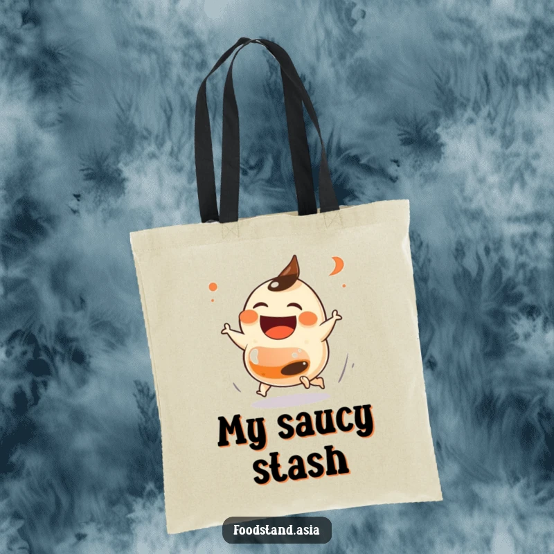 Funny Dumpling Chase Tote Bag with a laughing dumpling with small feet playfully chasing a soy sauce bottle, perfect for shopping and a cute funny gift.