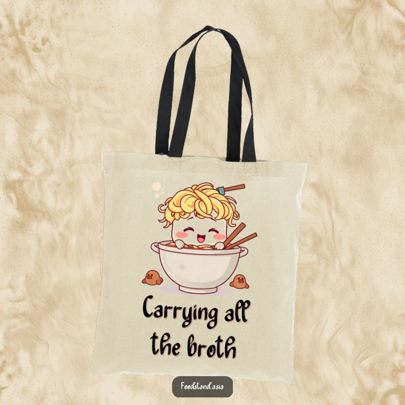 Funny tote bag with a happy ramen bowl character, noodle hair flying, as it stirs a giant pot.
