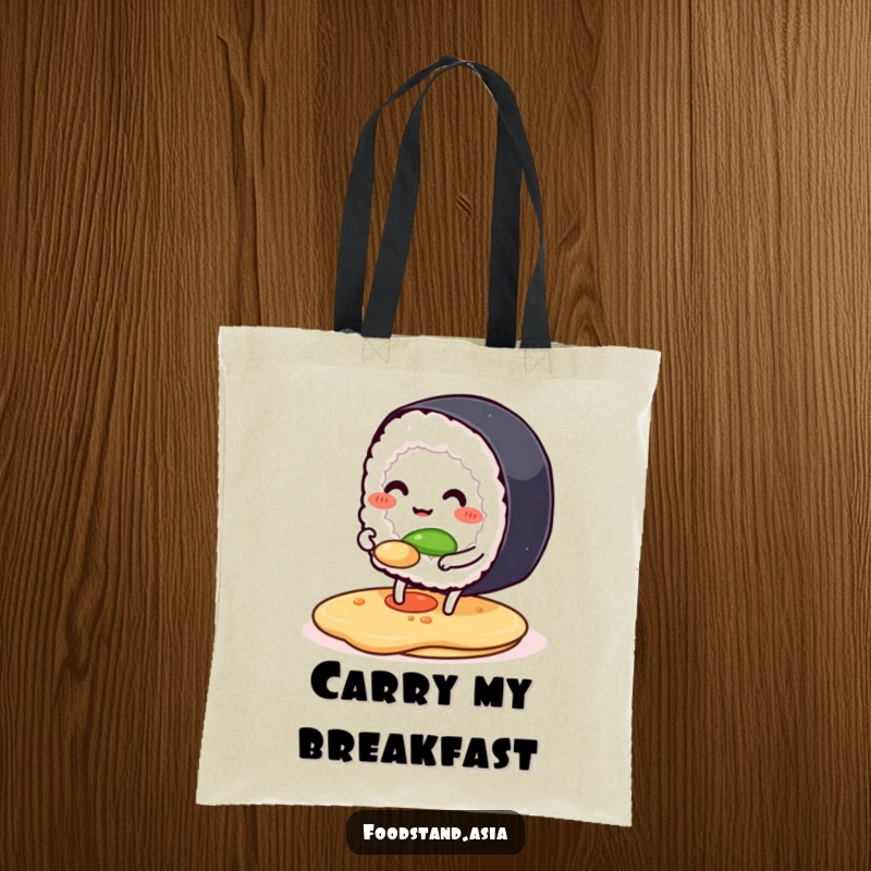 Funny tote bag featuring a smiling anthropomorphic sushi roll with tiny legs happily flipping a pancake, ideal for carrying items.