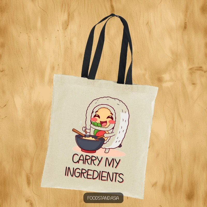 Funny Tote Bag: A cheerful sushi roll character happily stirs a wok, making this bag a humorous and practical accessory.