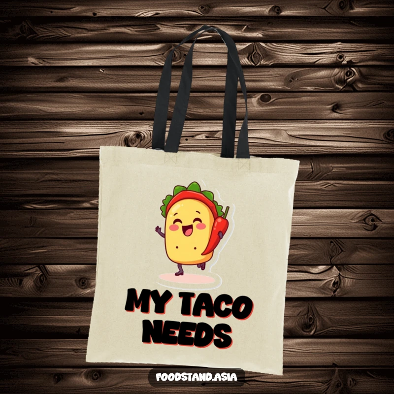 Funny tote bag featuring a cheerful anthropomorphic taco with little feet dancing with a chili pepper, ideal for carrying items.
