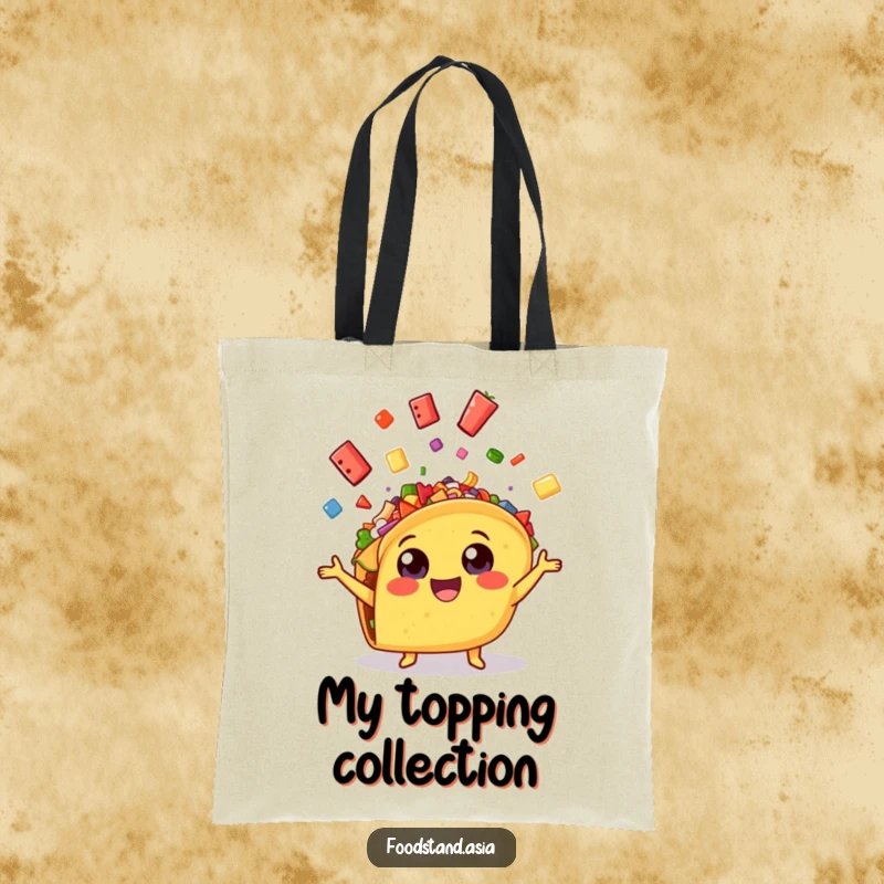 Funny cheerful taco with wide eyes, enthusiastically juggling colorful toppings, a humorous and practical tote bag.