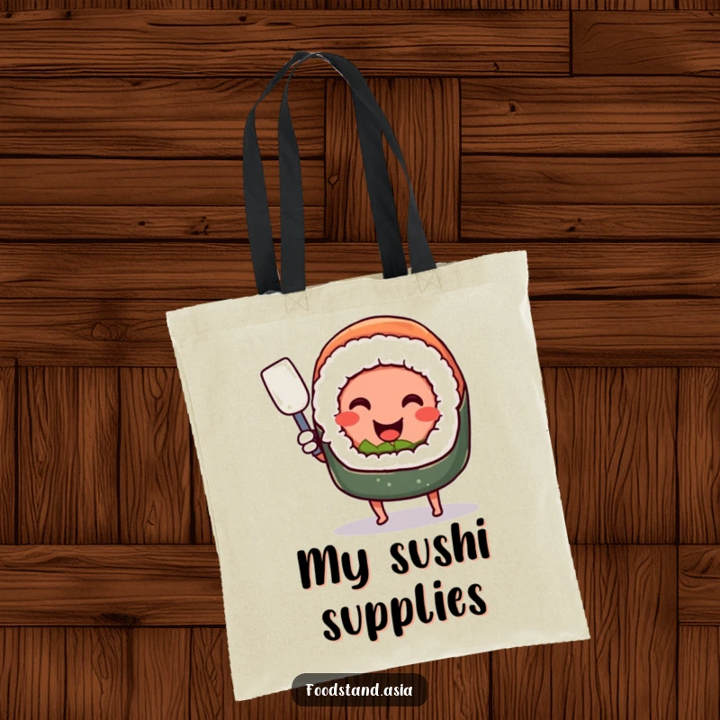 Funny smiling sushi roll with tiny legs, happily wielding a miniature spatula, a humorous and practical tote bag.